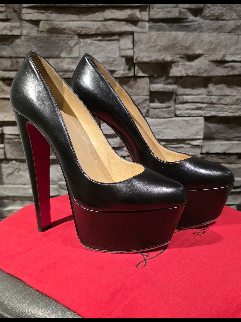 Christian Louboutin Black Leather Platform Pumps with Signature Red Soles